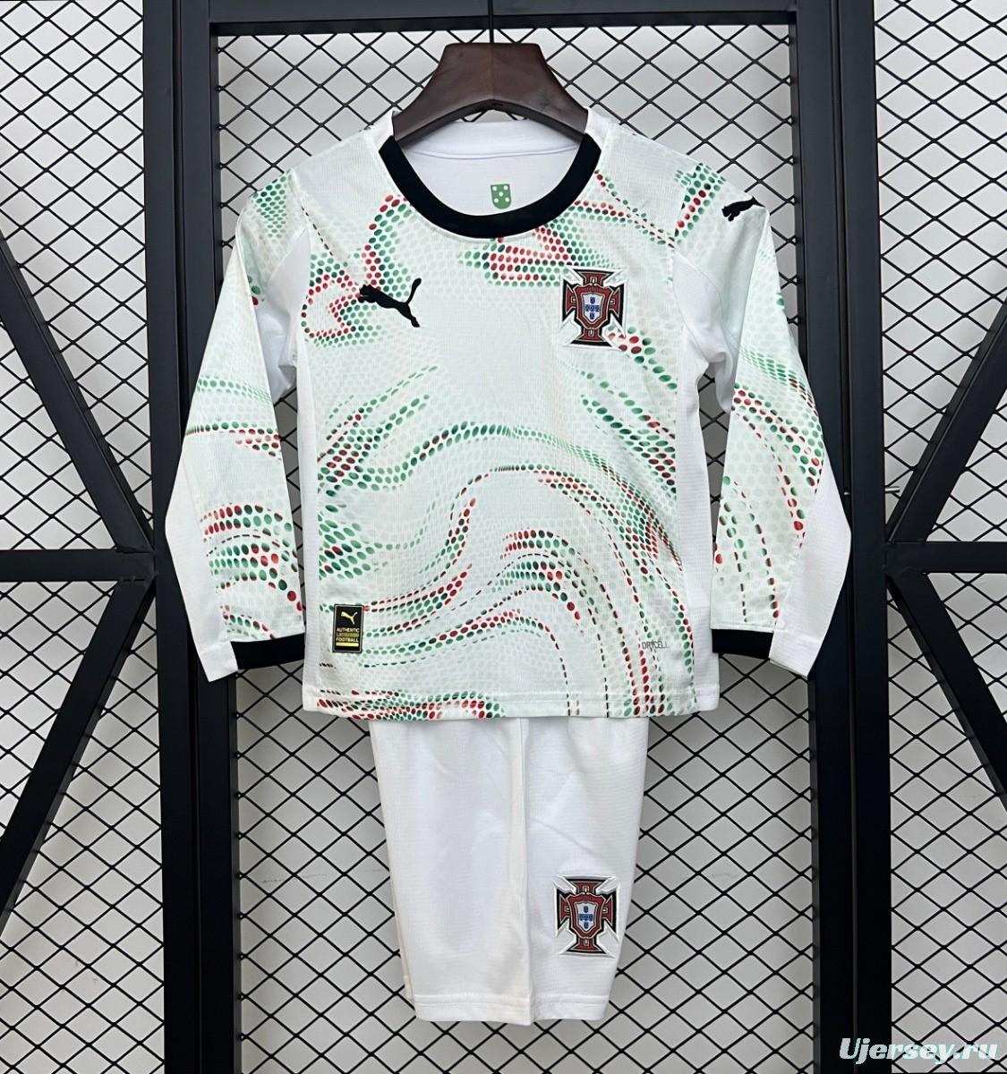 2025 Kids Portugal Away White Long Sleeve Jersey