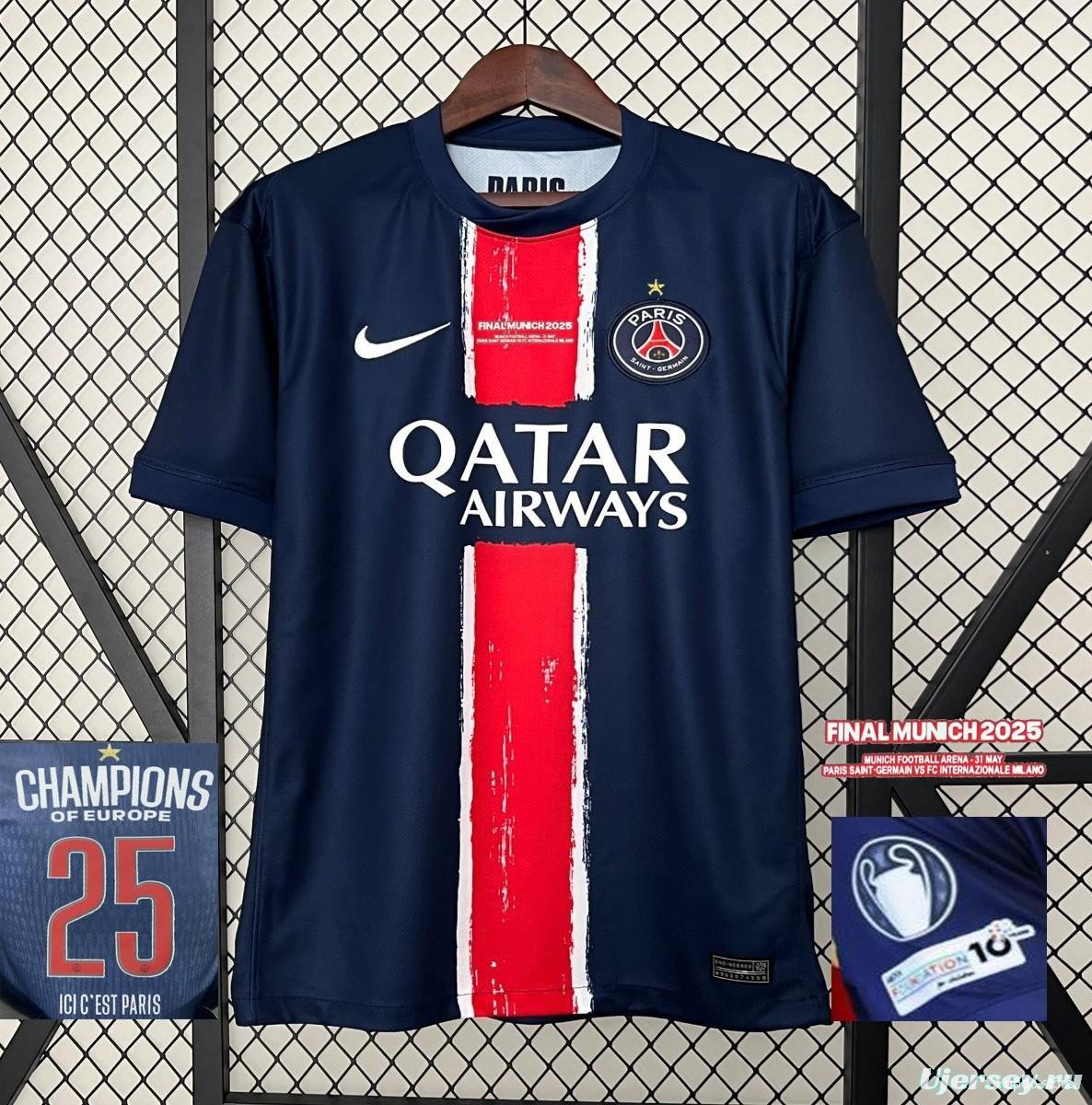 1 Star 24/25 PSG Home Jersey With Final Match Champion Jersey