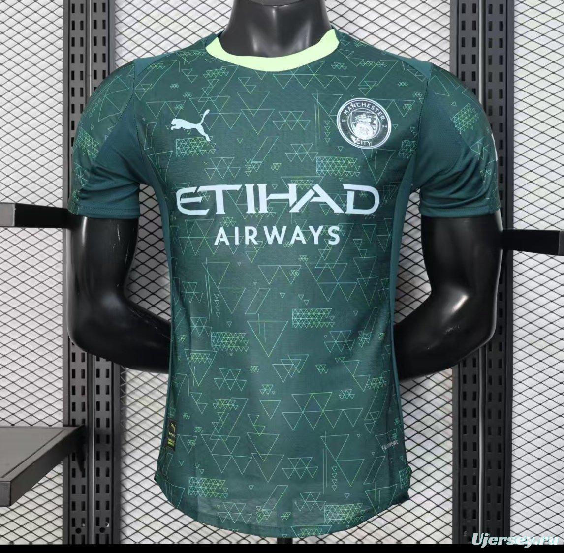 25/26 Player Version  Manchester City Third Dark Green with Geometric Triangle Pattern Jersey