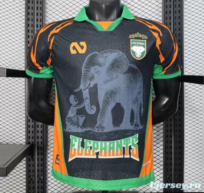 Player Version 2025 Ivory Coast Black with Elephant Graphic and Orange Stripes Jersey