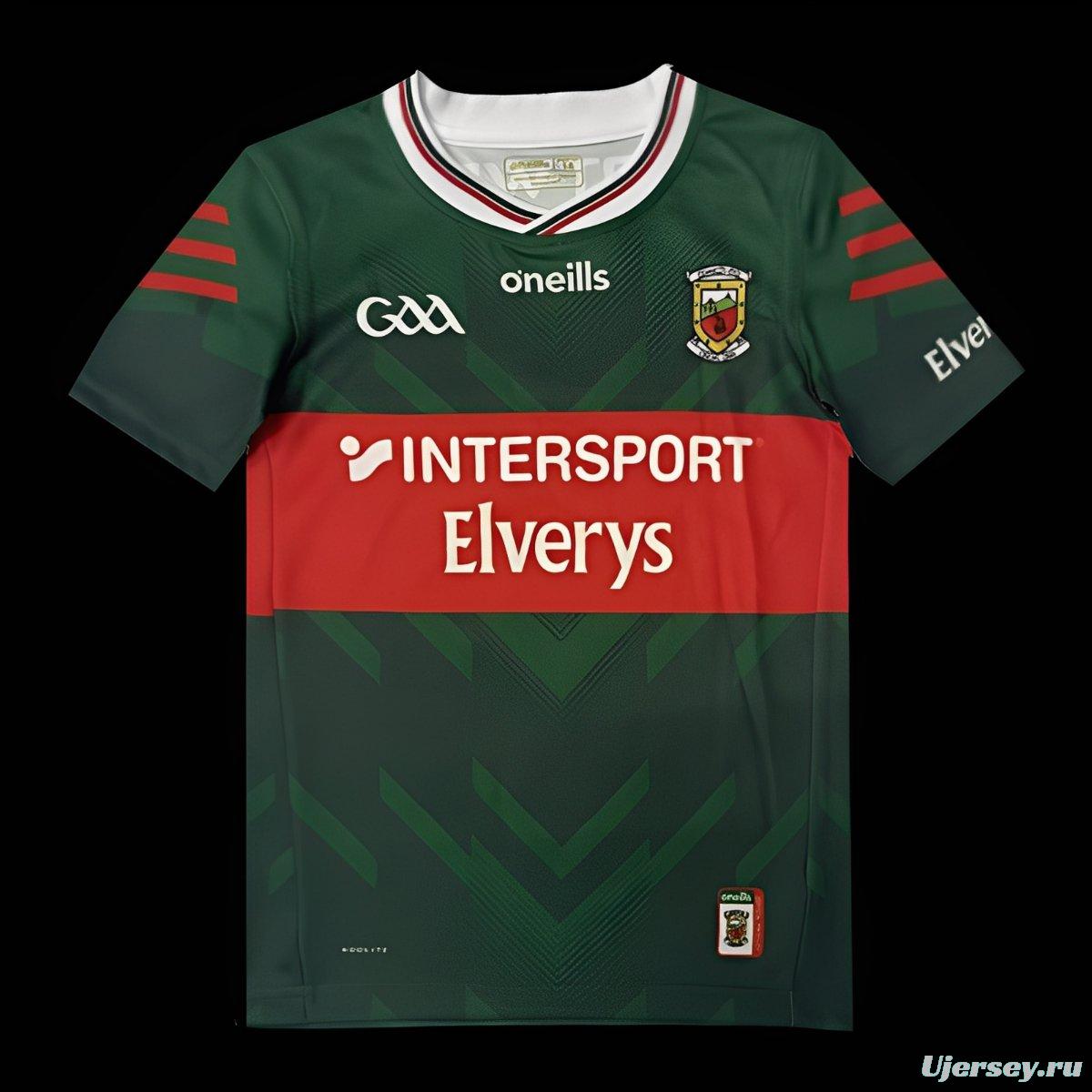 25/26 Kids  Mayo GAA Green and Red with Chevron Pattern Home Jersey