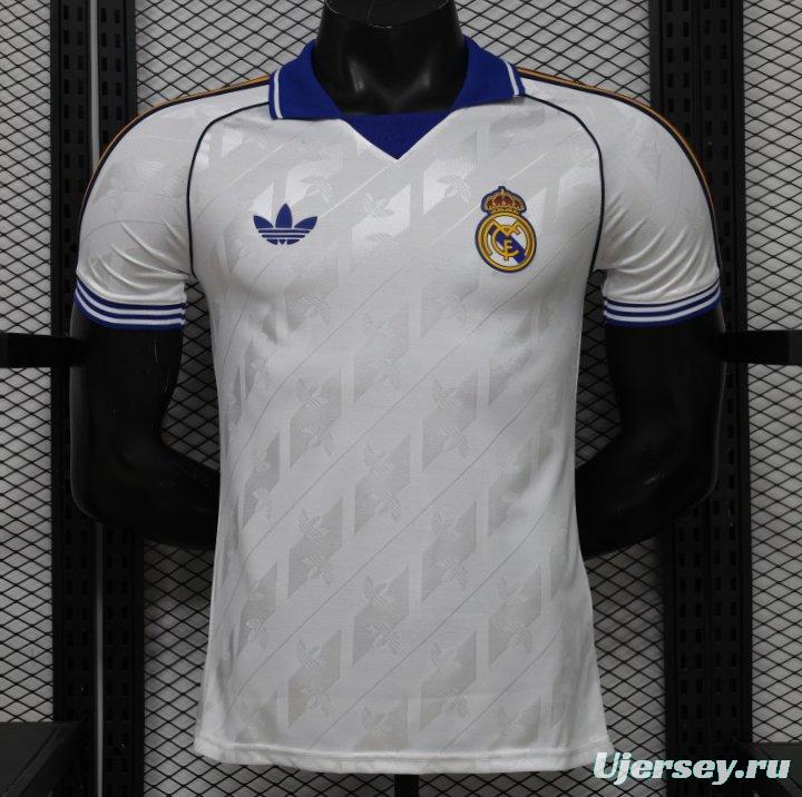 Player Version 26/27 Real Madrid Home White with Blue Collar & Jacquard Pattern Jersey