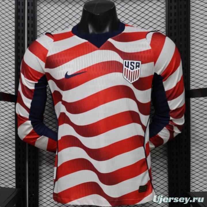 Player Version 2026 USA White & Red with Wave Stripe Long Sleeve Home Jersey