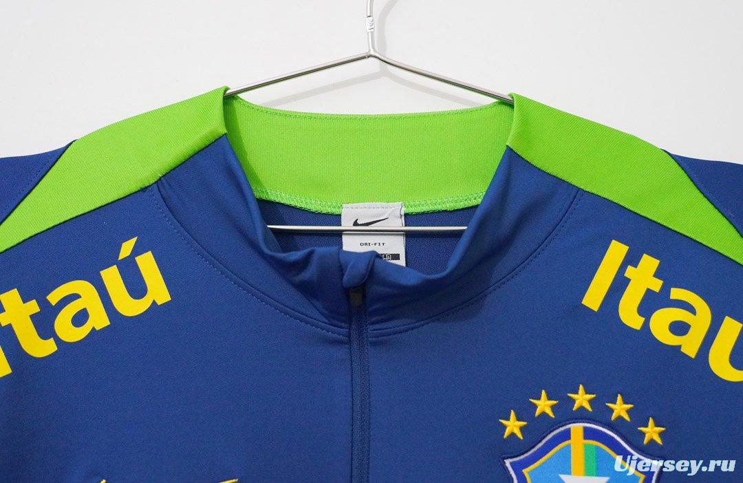 2024 Brazil Navy Blue with Lime Green Long Sleeve Half-Zip Training Top
